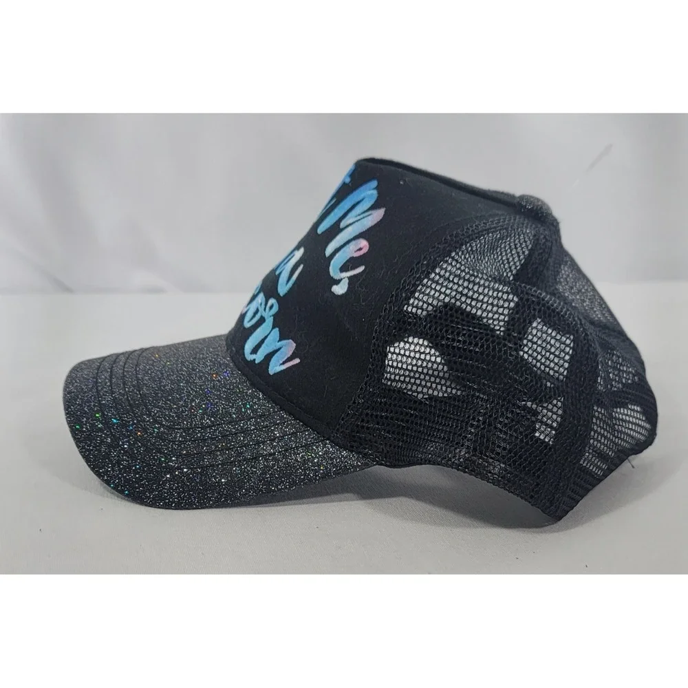 Trust Me I'm A Unicorn Mesh Snapback Trucker Hat with glittered bill